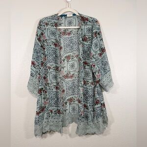 Mason & Belle Kimono Open Cardigan Floral Lace Trim Lightweight Blue Red Women L